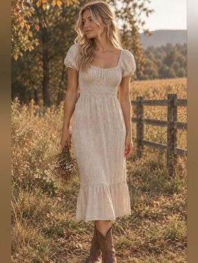 Sim & Sam Smocked Milkmaid Midi Dress Cotton Gauze Puff Sleeve Boho Size M